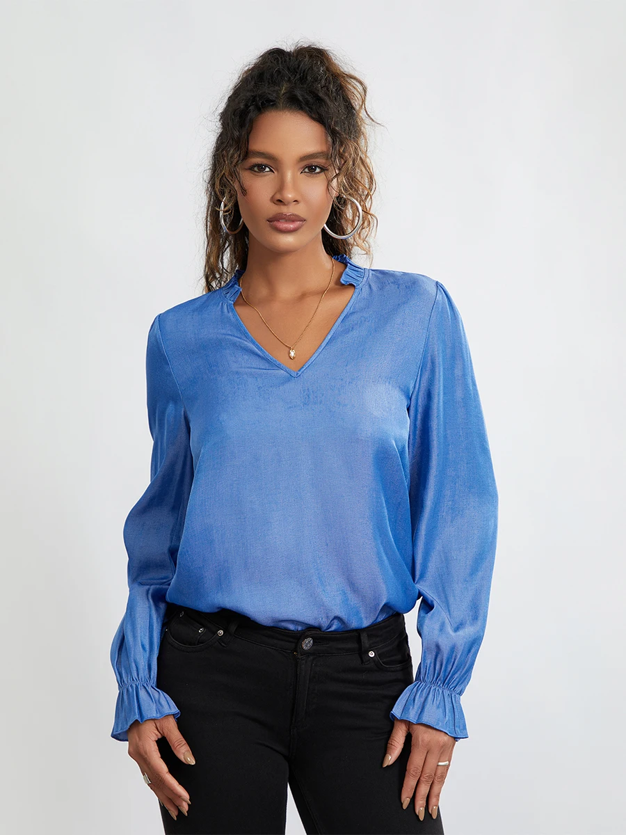 

Women’s Notched V Neck T-Shirts Fashion Long Sleeve Solid Color Loose Frill Tops Spring Summer Shirts