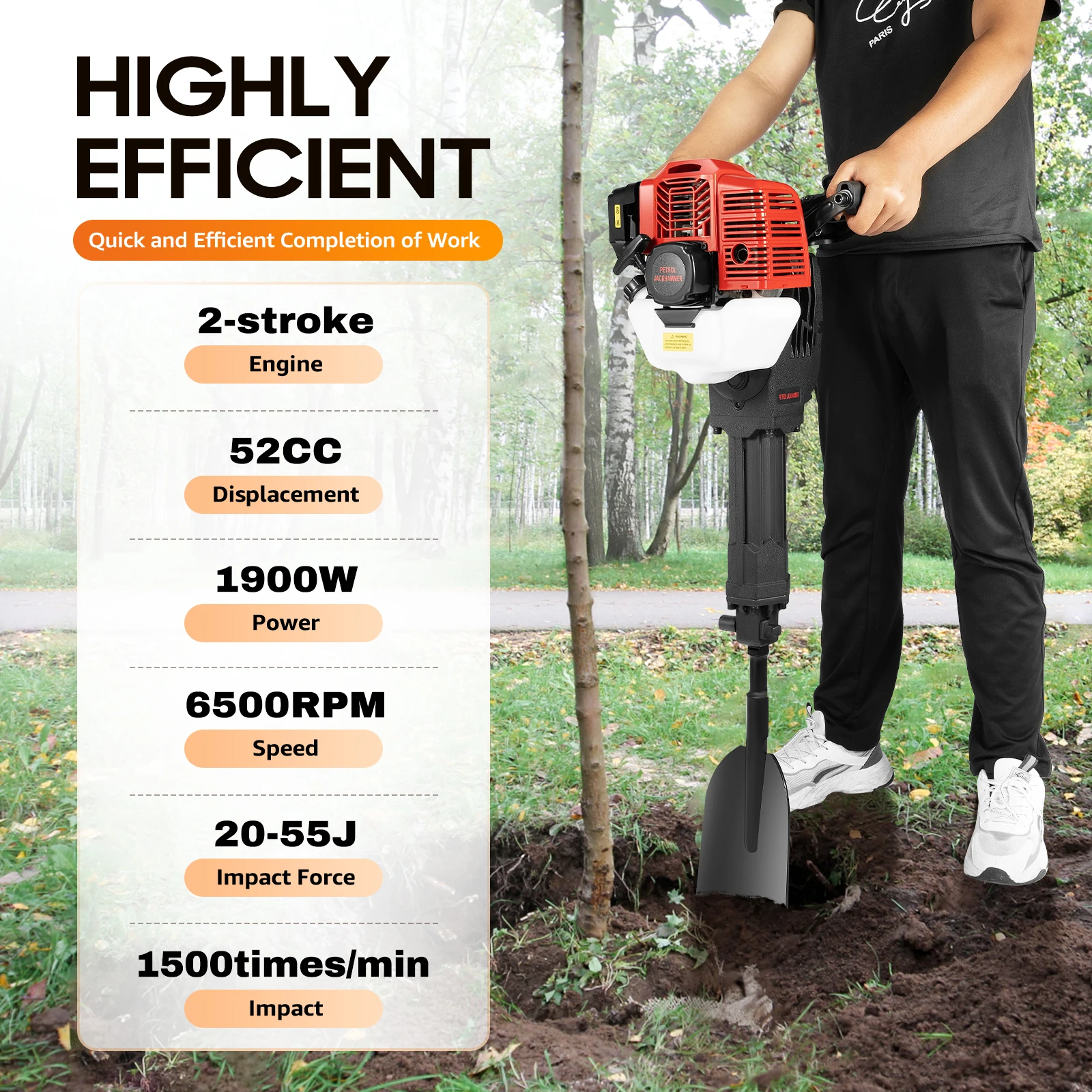 52CC 2-Stroke Garden Tree Digger Gasoline Excavator Tree Planting Shovel Rock Tree Digging Drilling Machine 1900W 5