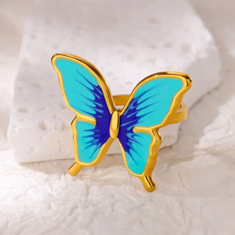 Blue Stainless Steel Ring Gold Color For Women