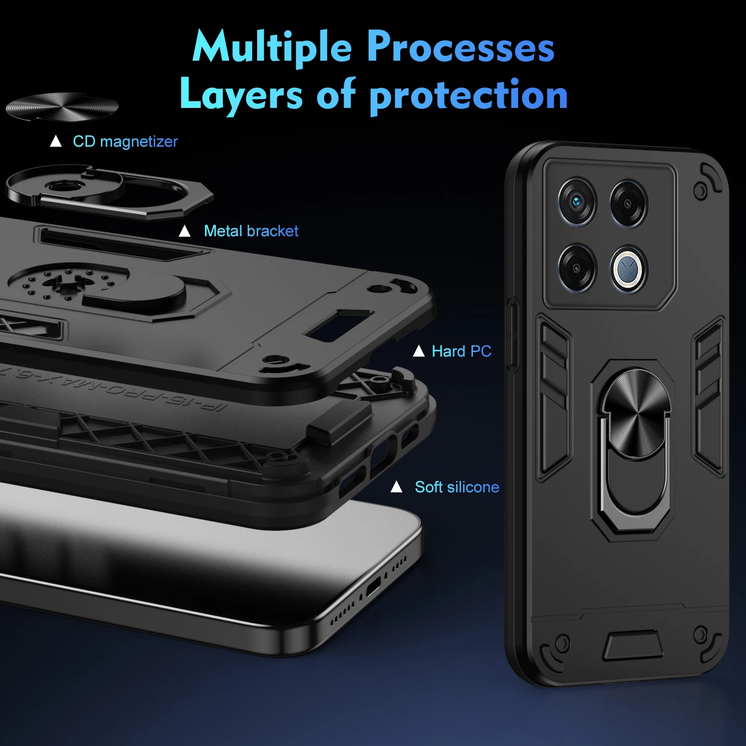 Rugged Armor Shockproof Phone Case with Metal Ring Holder and Dual-Texture Design