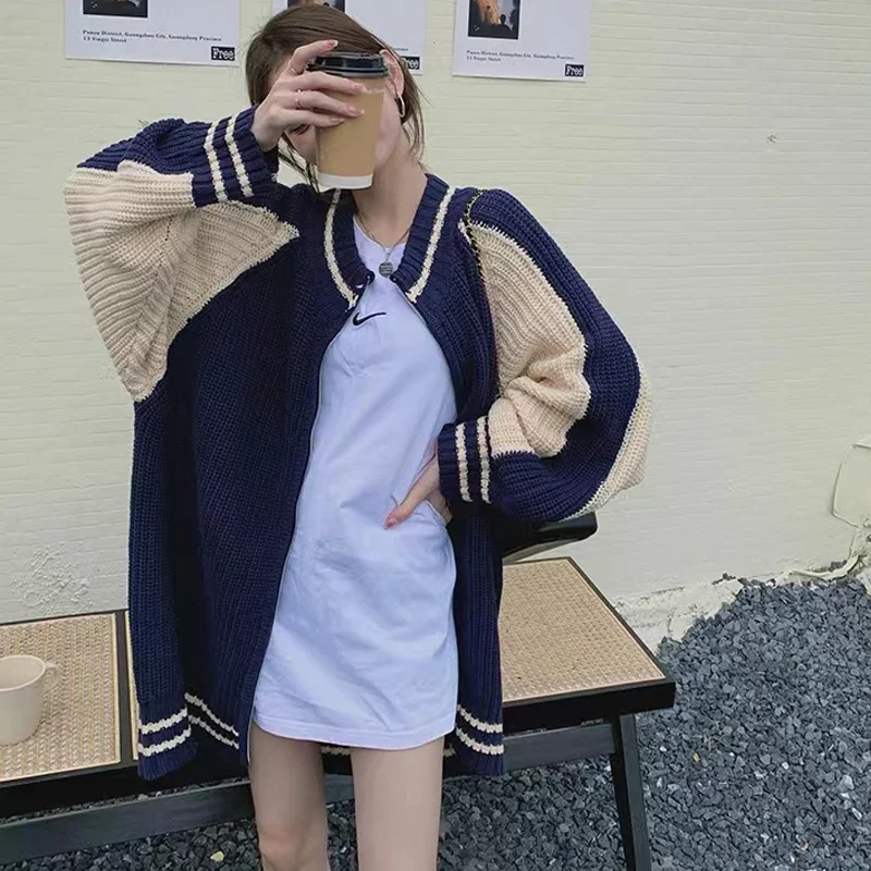 New Autumn and Winter Women's Clothing O Neck Shoulder Sleeve Color Matching Cardigan Sweater Elegant Loose Zipper Casual Coat