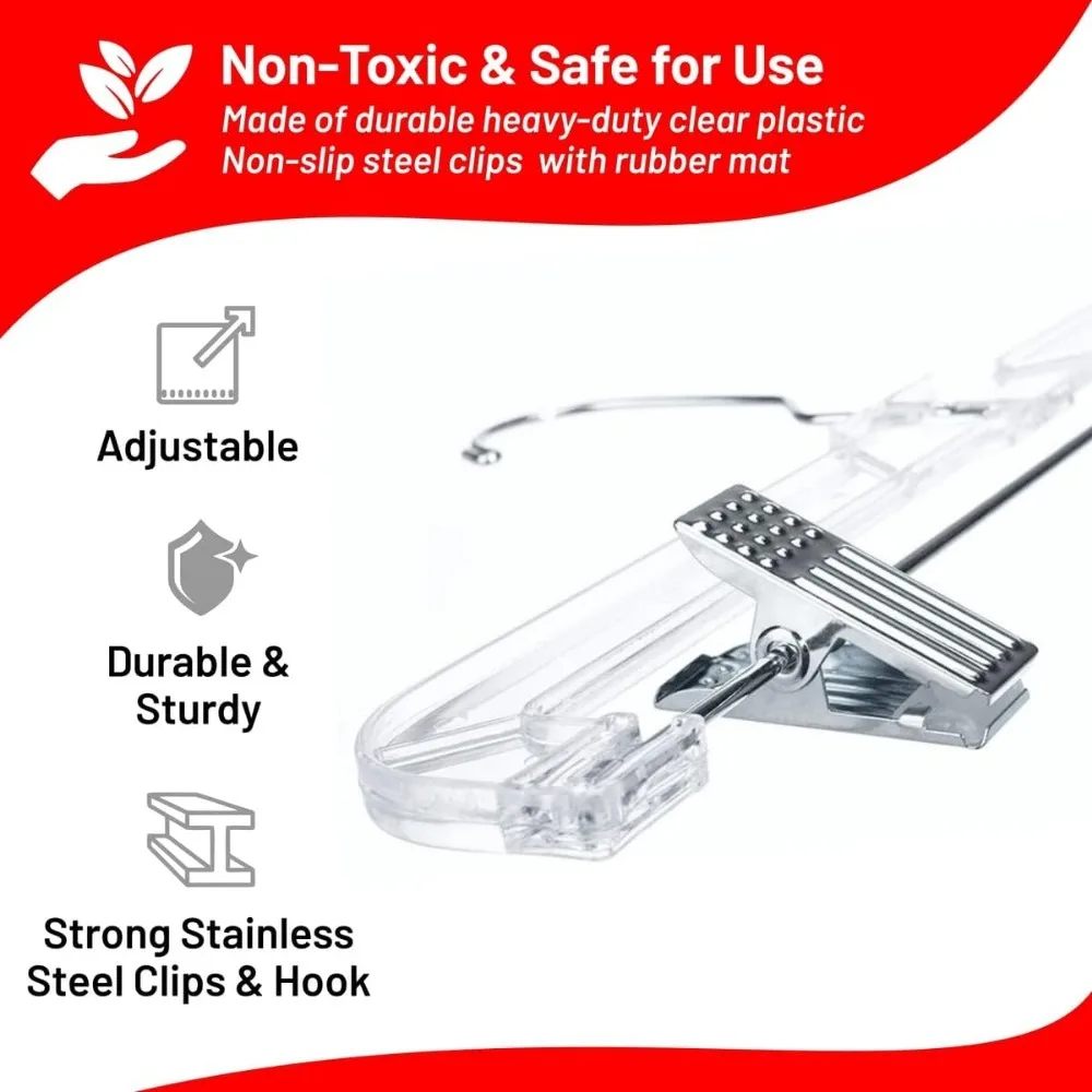 ™ Skirt Hanger Pants Hangers with Clips Hangers Shorts Hanger Clear Plastic Clothes Hangers with 2-Adjustable Clip Non-Slip Clot