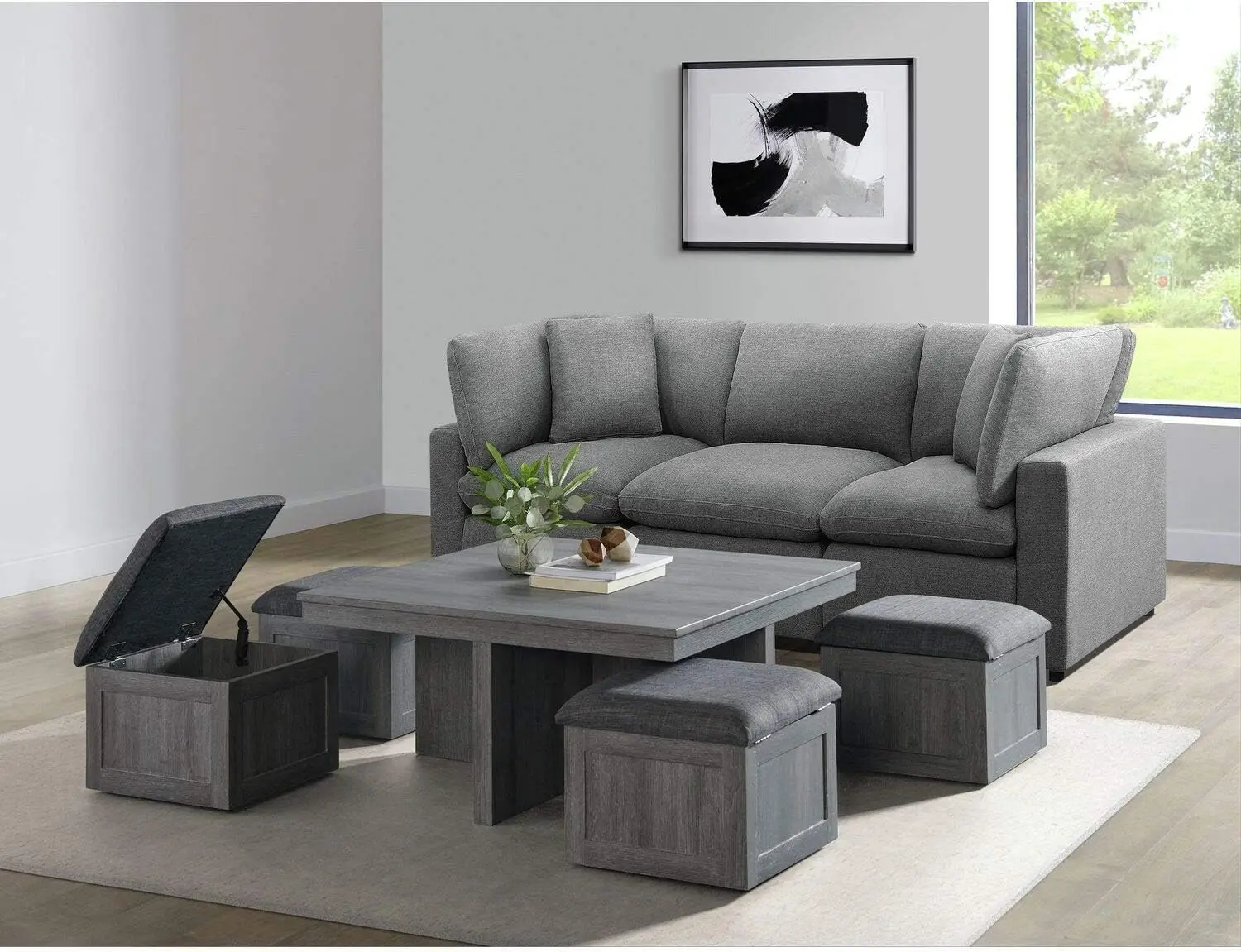 Dawson Coffee Table with Four Storage Stools in Grey
