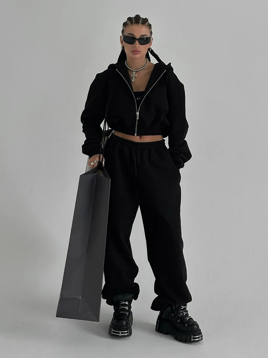 Bornladies New Women's Cropped Hoodie Sweatpants Set Loose Drawstring Waist Zipper Cardigan  Autumn Casual Trendy Hoodie  Outfit