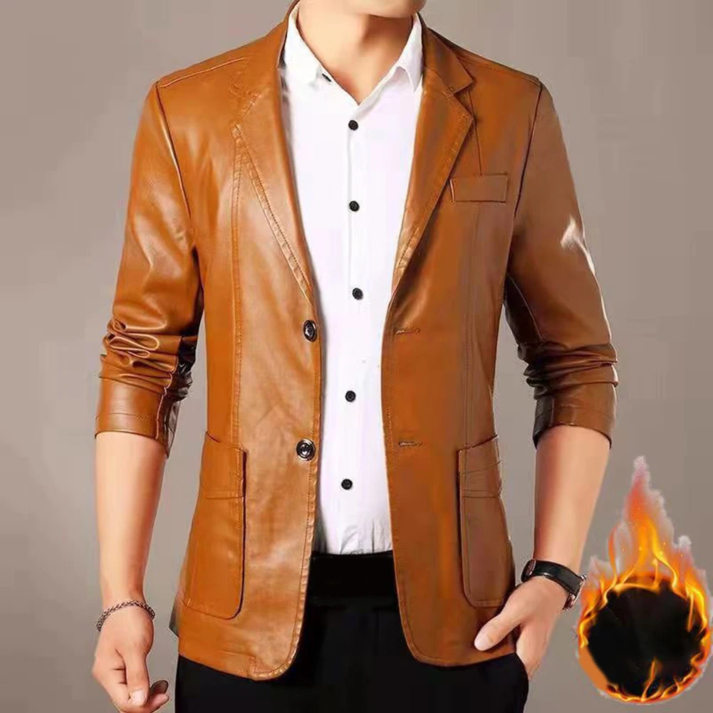 

Mens Autumn Winter Thick Warm Korean Leather Suit Jacket High Quality PU Leather Collar Casual Middle-Aged Coat Male Jacket