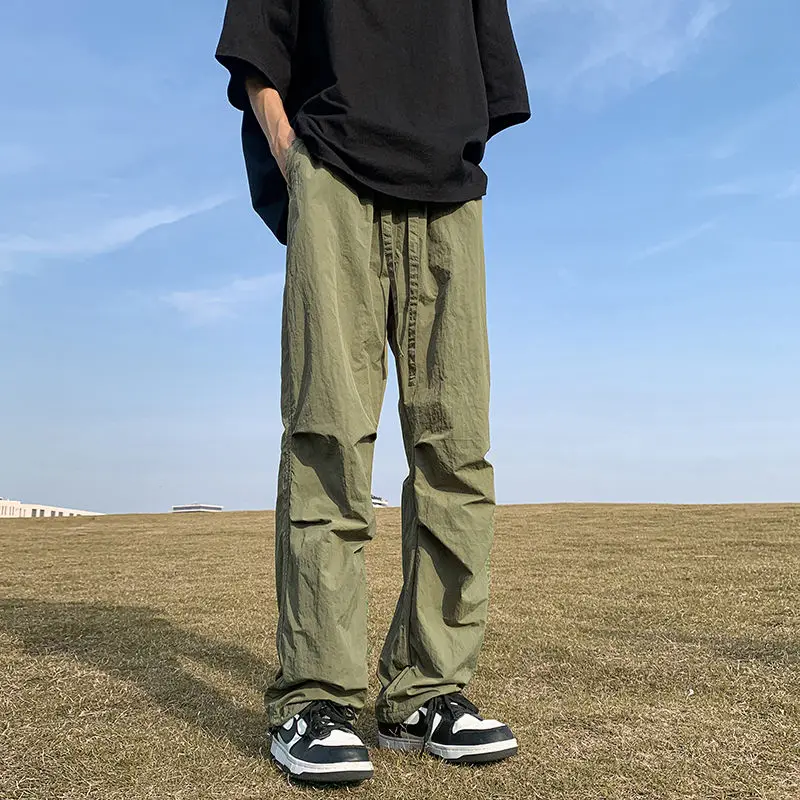 High Street Fashion Summer Casual Pants Men Solid Elastic Waist Drawstring Pocket Ice Silk Quick Drying Loose Straight Trousers