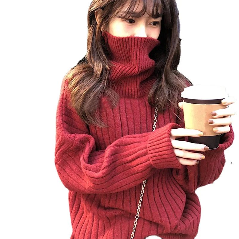 

Pullover sweater woman with autumn and winter collar lazy style thick knit undershirt red top