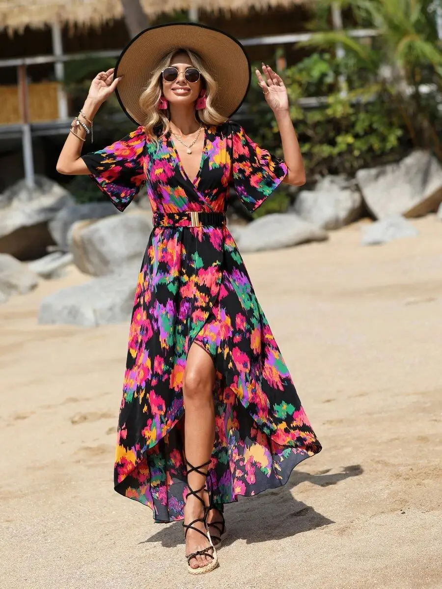 

Female New Boho Print Dress Women Vintage Floral Dress Summer Holiday Sundress Summer Ladies Causal V-neck Loose Belt Midi Dress