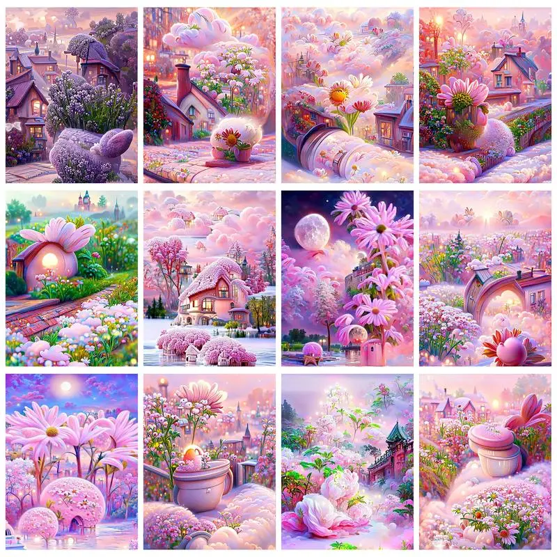 

CHENISTORY Acrylic Painting By Numbers Frame Drawing On Numbers Fantasy Pink Garden Picture Paint Home Decors For Adults