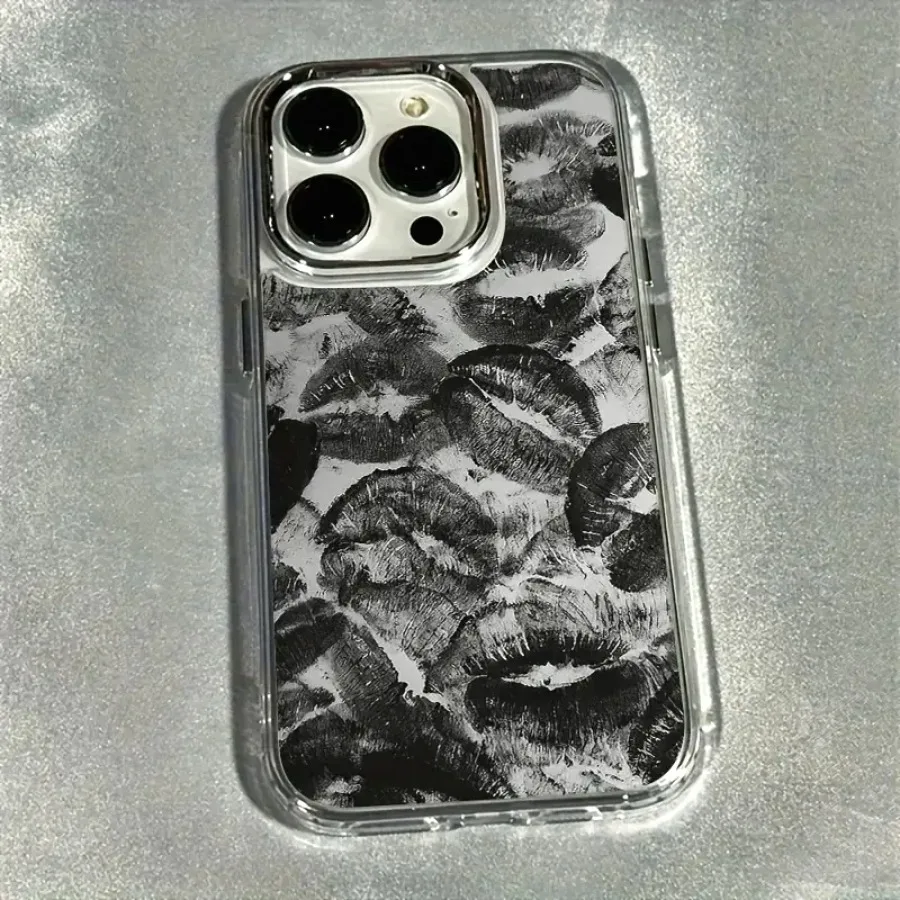 Electroplated Lens Frame Clear Phone Case with Black Lip Print Design