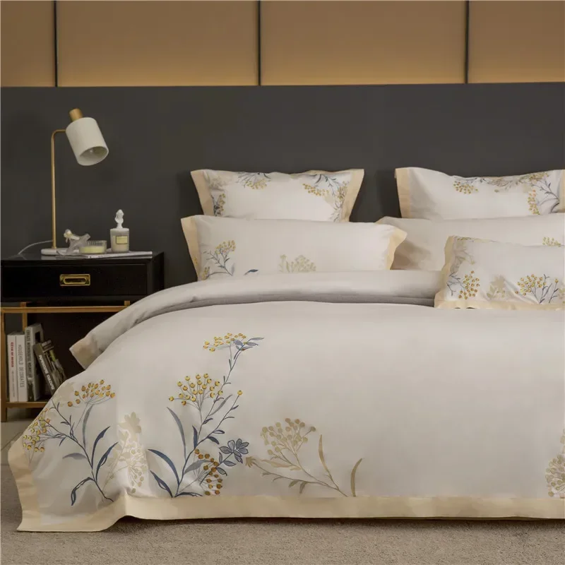 

Luxury 60S Egyptian Cotton Embroidered Bedding Set for King Size Bed Sheet Pillowcase Duvet Cover Set 4pcs for Home and Hotel