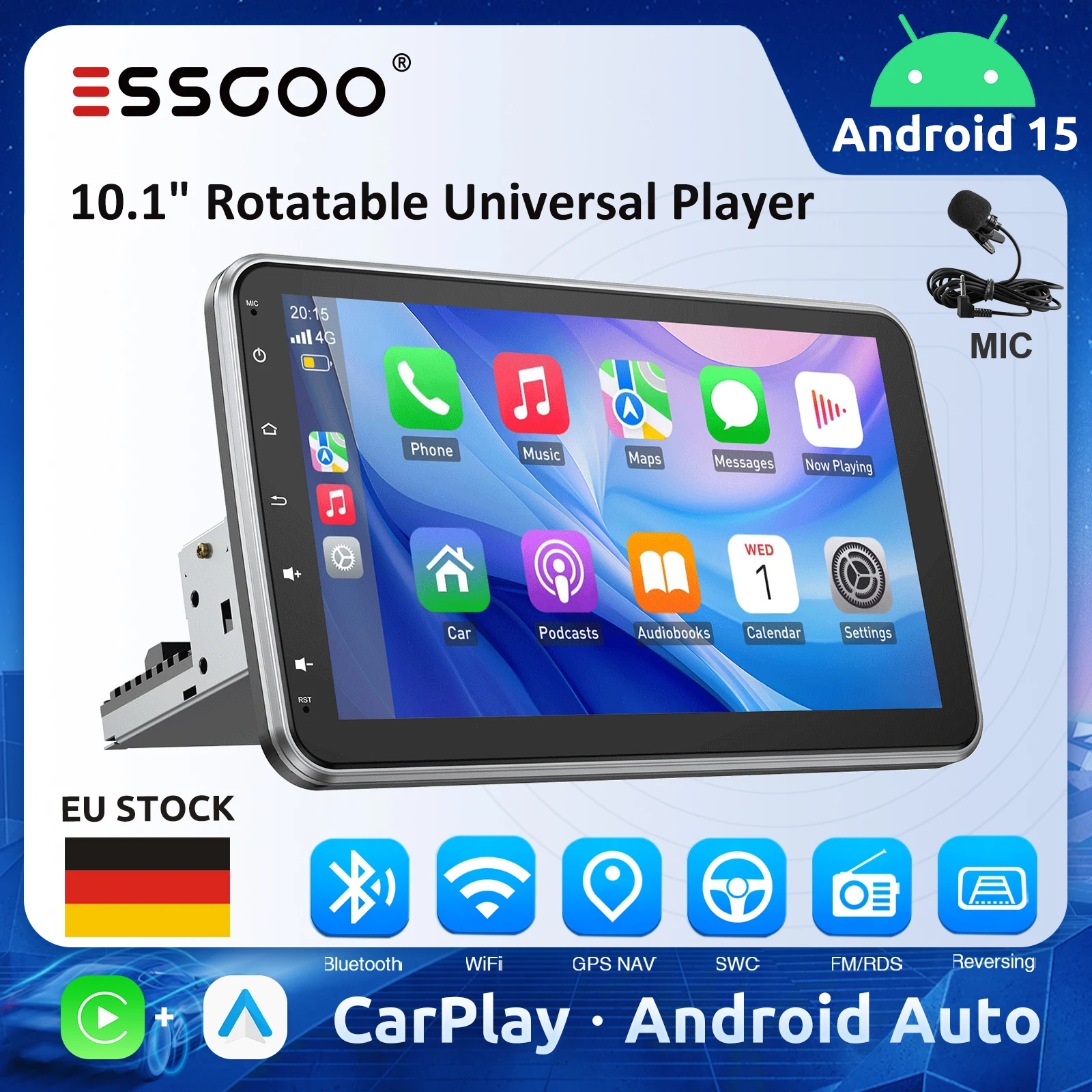 ESSGOO Radio de coche con pantalla flotante universal de 10.1 pulgadas, reproductor multimedia giratorio 1Din, 4GB 64GB, Carplay, Android Auto, estéreo para coche, GPS 1