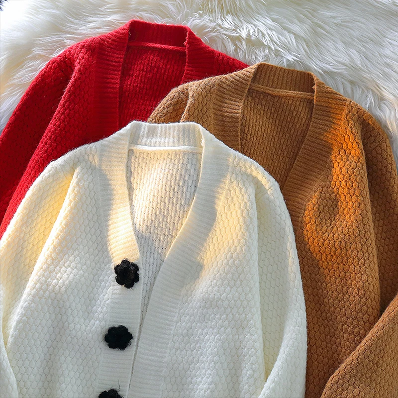 

3D Flower Cardigans Women V-neck Lantern Sleeve Sweaters Loose Vintage Jumpers Autumn Winter Knitwear Sweet Short Coats N853