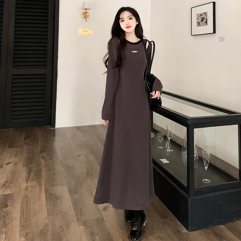 

Elegant Cotton Long Dresses For Women 2024 Large Size 4XL Autumn Winter Loose Female O Neck Gray Vestidos Hollow Out A Line Robe