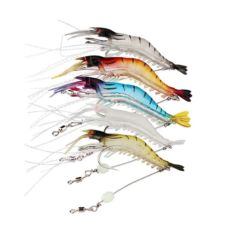 

5pcs/lot Artificial Shrimp Lures 5 Colors 9cm 6g Soft Lure Bait with Long Stainless Steel Wire Swivel Luminous Bead B270