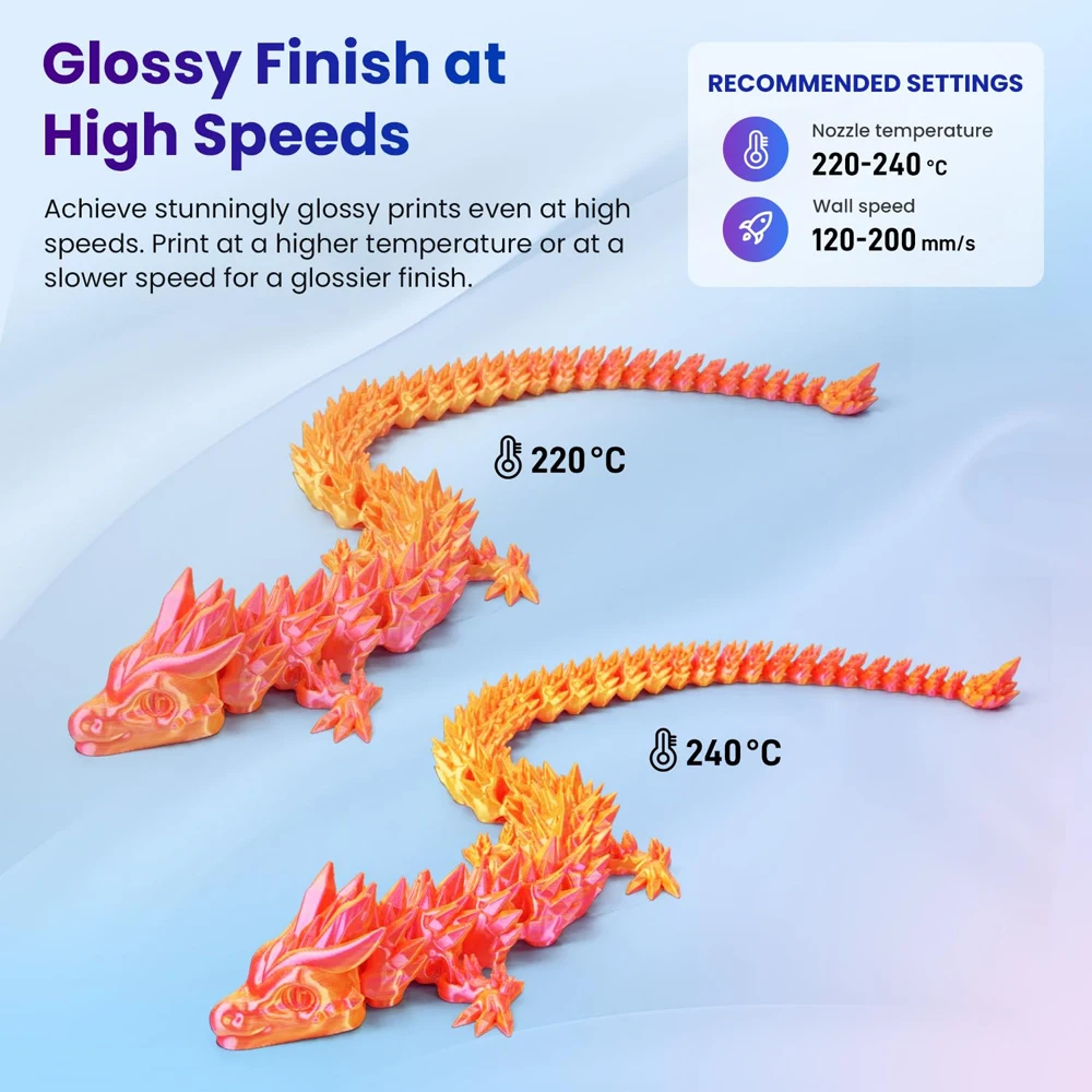 실크 듀얼 컬러 PLA 필라멘트 1.75mm, 광택 질감, ±0.02mm 정확도, 200g/250g/500g/1000g 스풀, 핑크 골드