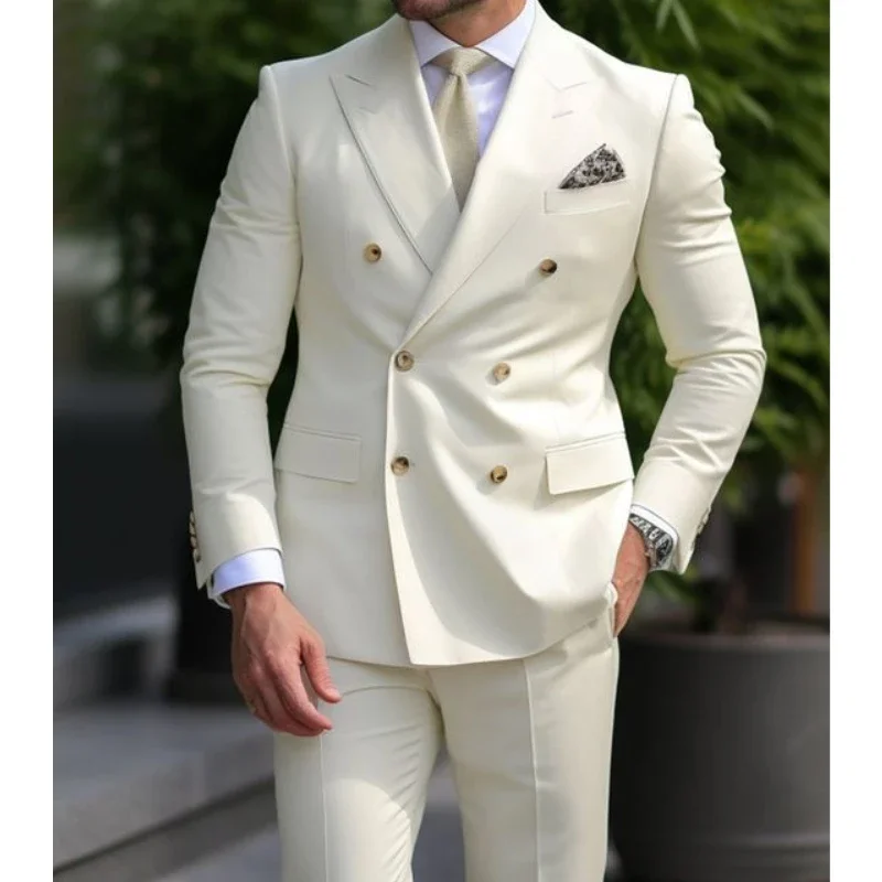 Green Men's Wedding Suits Solid Color 2 Piece Jacket Pant Daily Casual Business Double Breasted Six-buttons Formal Suits 2024 2