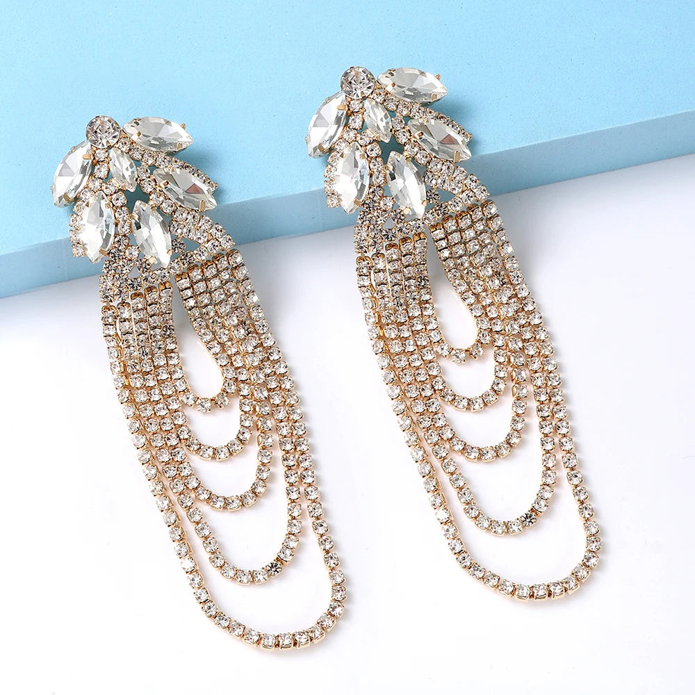 JURAN Luxury Multi layer Rhinestone Long Chain Tassel Earrings High