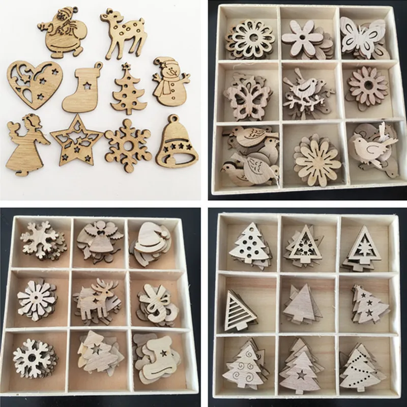 Natural Wood Christmas Ornaments Pendant Hanging Gifts Elk Deer Snowflake Xmas Tree New Year Party Decorations 50pcs