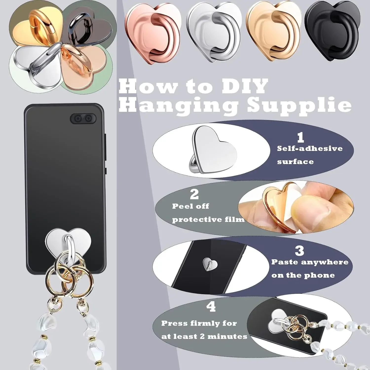 Heart Shaped Adhesive Phone Charm Hook and Metal Finger Grip Holder