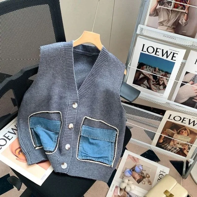 

denim patchwork cardigans women sweater vest