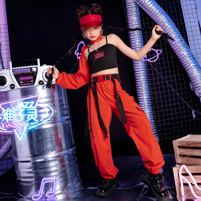 

Fashion Hip Hop Clothing Red Single Sleeve Top Cargo Pants For Girls Jazz Dance Costumes Children Street Dance Outfit XS7322