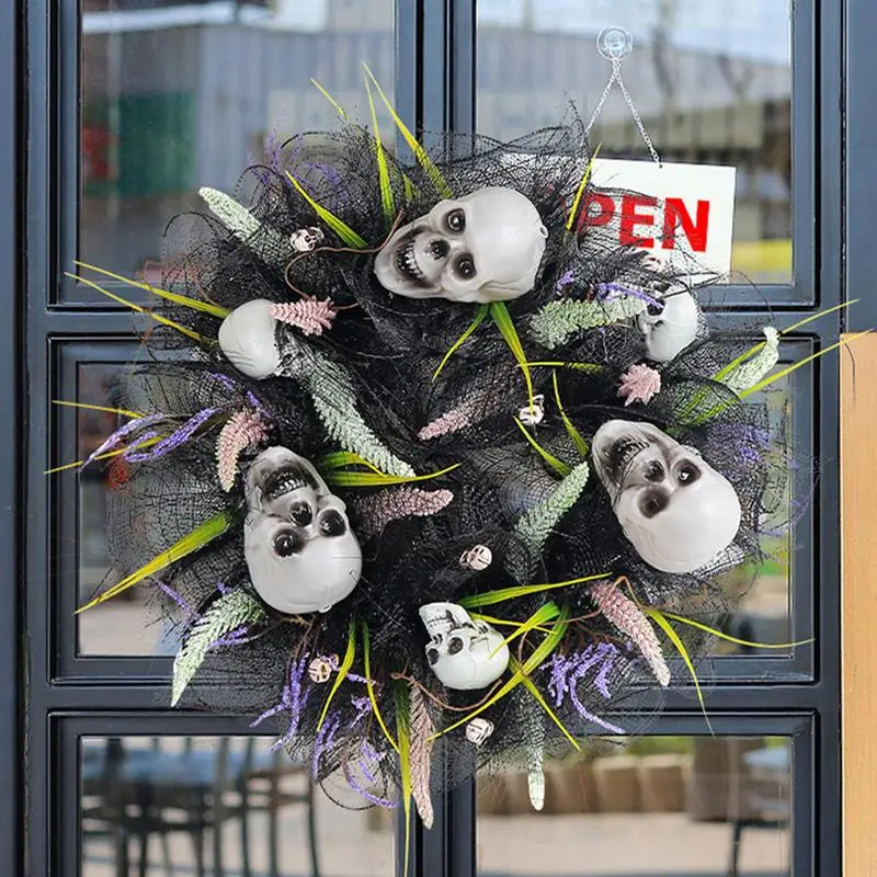 

Halloween Wreath Spooky Skull Garland Artificial Flower Hanger Wreath For Front Door Wall Creepy Black Gothic Halloween Decor