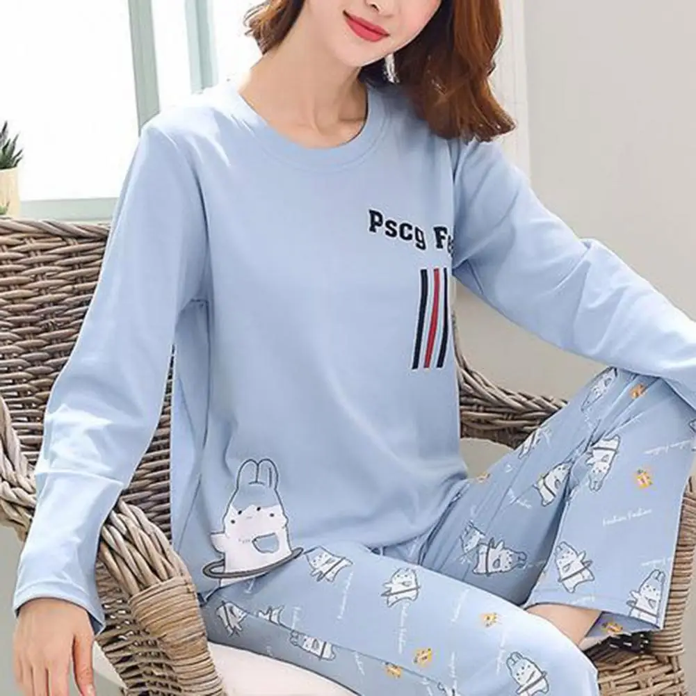 

Casual Two-piece Suit Women Pajama Set Cozy Women's Cartoon Rabbit Pajama Set Stylish Round Neck Top Elastic for Fall/winter