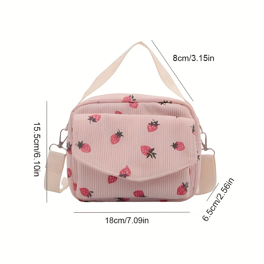 Cute Strawberry Print Corduroy Crossbody Bag, Versatile Small Shoulder Purse, Perfect for Daily Use Work Casual Travel Outings