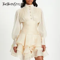 Robe à volants en tissu uni TWOTWINSTYLE, col montant, manches longues, ample, élégante à la française, robes pour femmes, mode automne, nouveauté 1