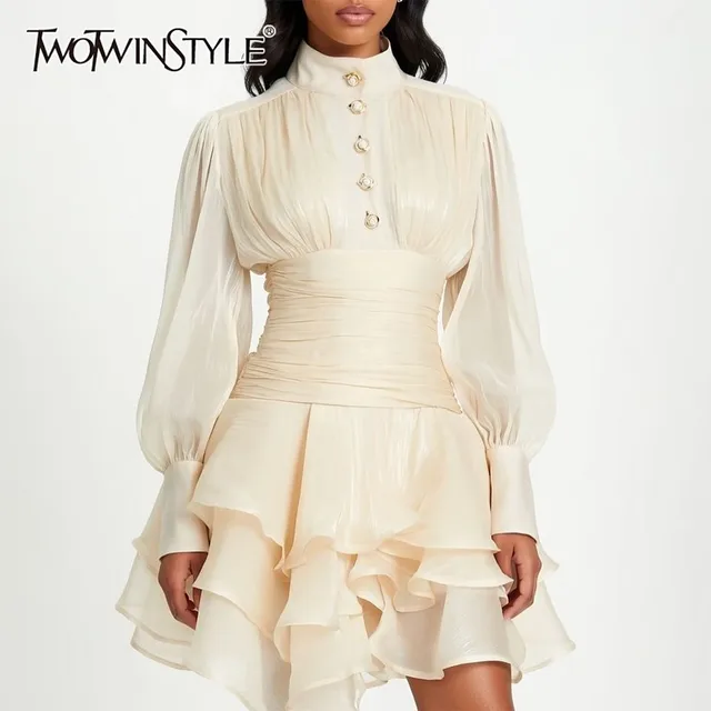 Robe à volants en tissu uni TWOTWINSTYLE, col montant, manches longues, ample, élégante à la française, robes pour femmes, mode automne, nouveauté 1