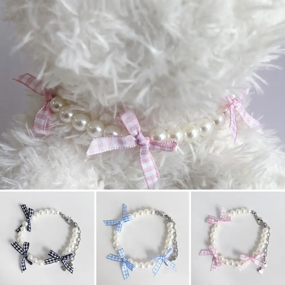 Pet Necklace Non-Fading Comfortable Fit Faux Pearl Dog Bowknot Collar Adjustable Size Bright Colored Pet Collar For Dogs Cats