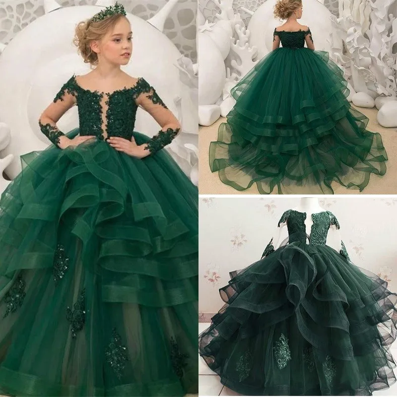 

Green Flower Girl Dresses For Wedding With Long Train Princess Pageant Holy Communion Birthday Princess Guest Evening Gown