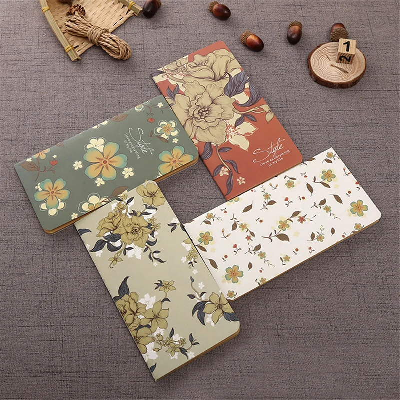 4PCS A6 Vintage Flower Kraft Paper Ledger Notebook 48K Blank Notepad Retro Hand-painted Floral Diary Sketch Book Stationery Set