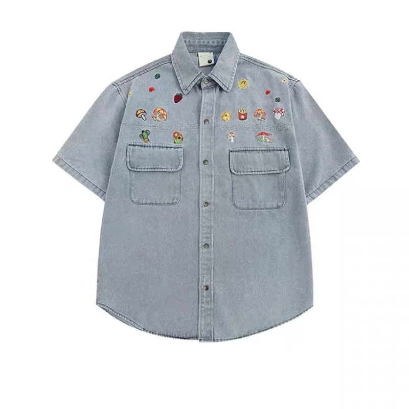 

2023 Summer Men Oversize Denim Button Up Shirt Hip Hop Floral Cactus Embroidery Blouses Korean Style Casual Cotton Jean Shirts