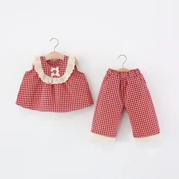 2pc/Set Baby Girl Suit Summer Bow And Plaid Pattern Doll Collar Sleeveless Toddler Girl Clothes Cute Casual Girl Outfit 1
