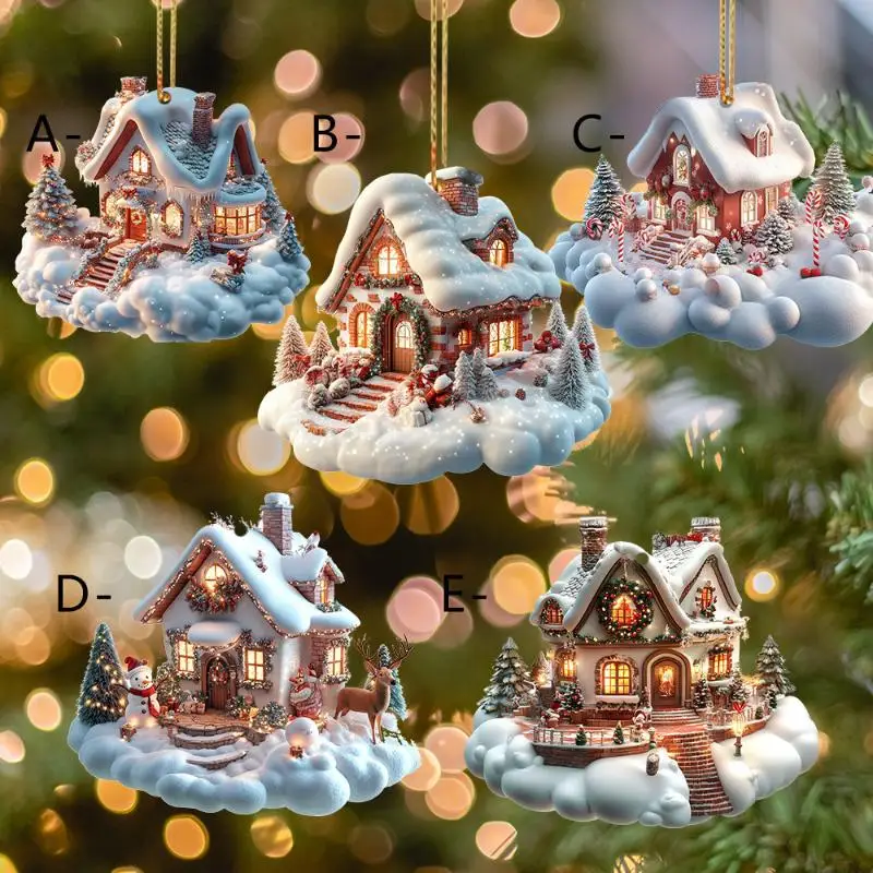 Snow House Christmas Tree Hanging Ornament Holiday Party Decorations For Xmas Tree Pendant 2D Acrylic Flat Christmas Pendant