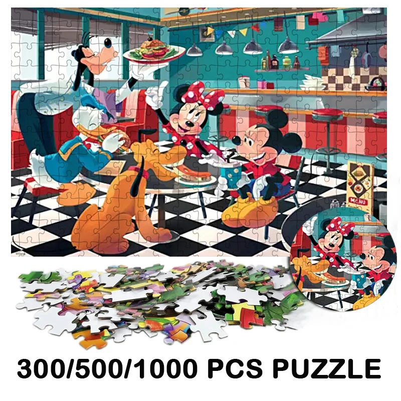 300/500/1000 PCS Minnie Mouse Mickey Mouse Jigsaw Puzzle Disney Diner New Goofy Pluto Contemporary Puzzles Educational Toys