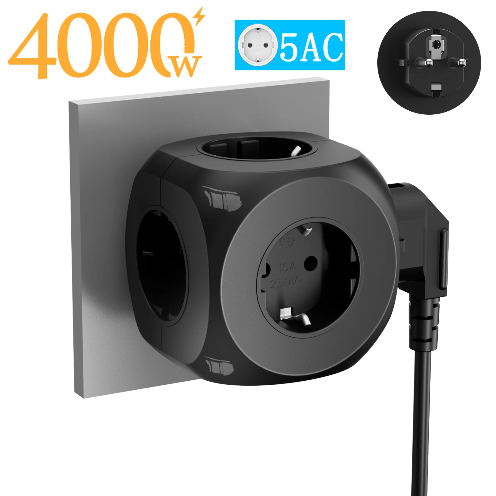 Versatile 5-in-1 Wall Mounted European Plug Power Strip - 4000W Capacity