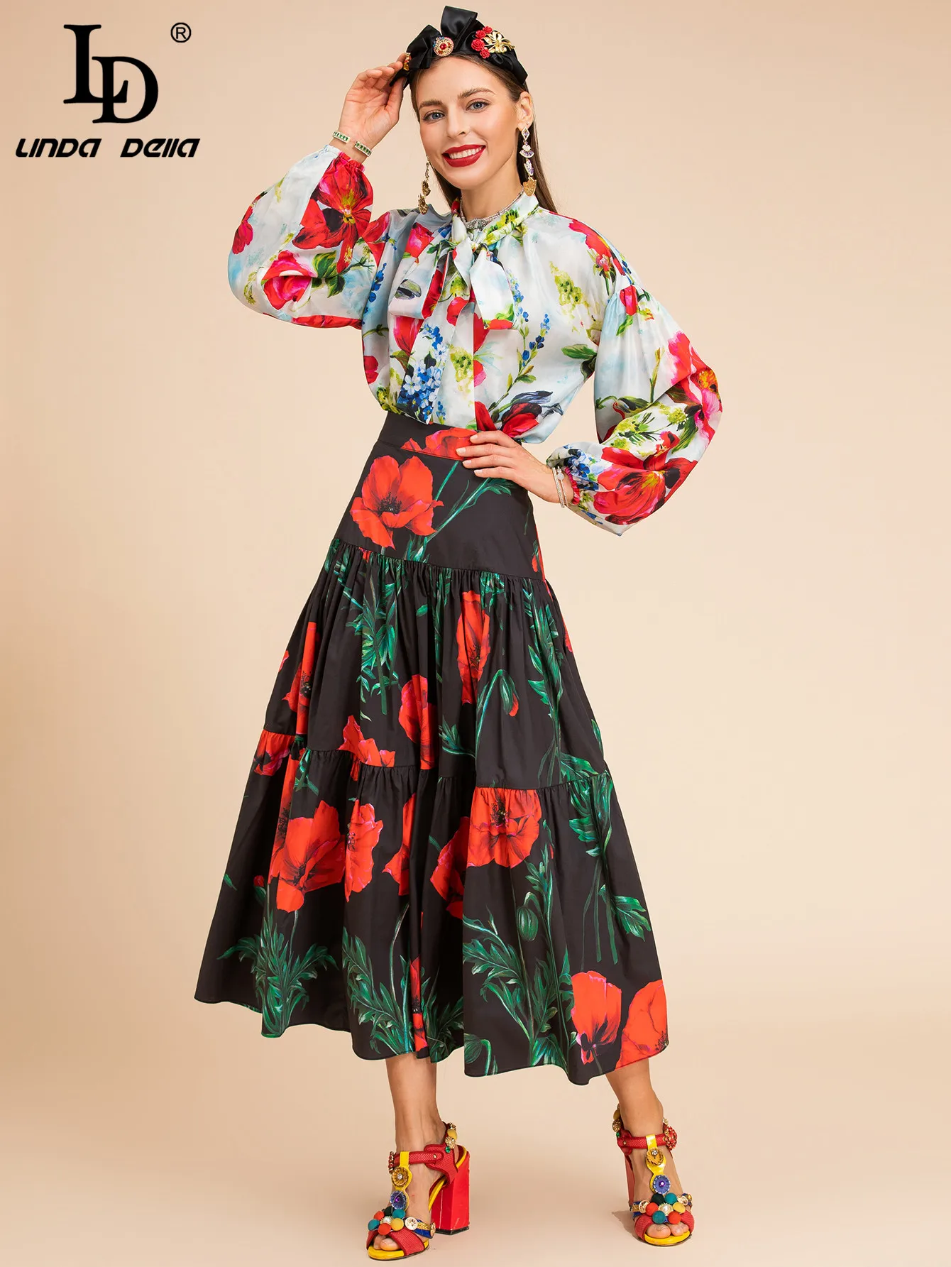

LD LINDA DELLA Fashion Designer Summer Skirts Suit Women's Silk Lantern sleeve Blouse＋Cotton Floral Vintage Skirts 2 Pieces Set