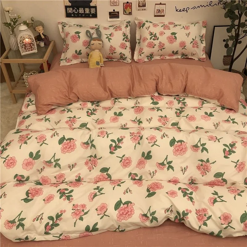 

Floral Bedding Set Soft Home Textile Twin Queen Size Polyester Flat Bed Sheet Quilt Cover Pillowcases Purple Flower Duvet Cover