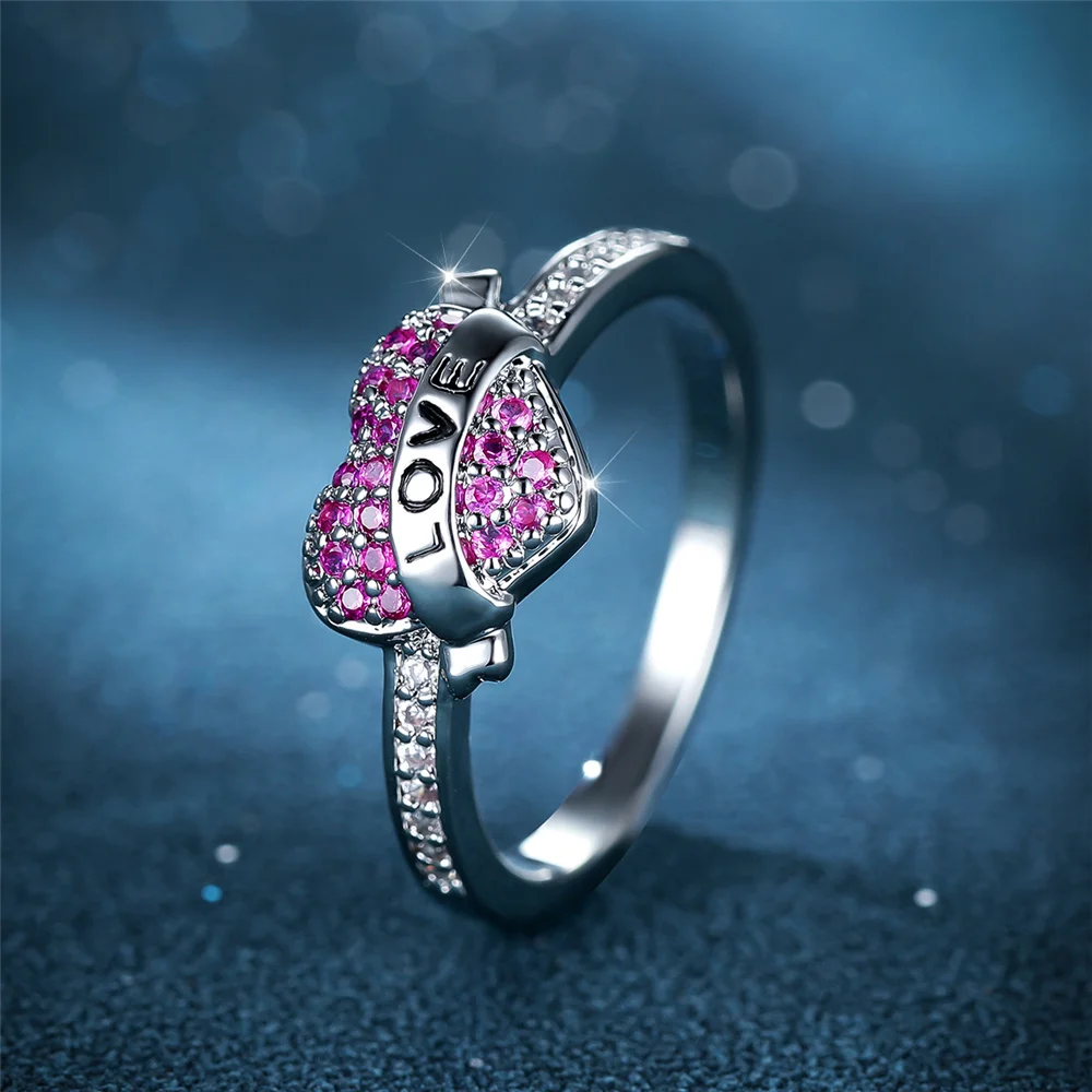 Cute Female Rose Red Stone Heart Engagement Ring Vintage Silver Color Wedding Jewelry For Women