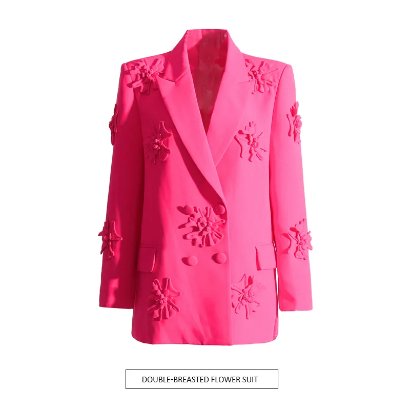 

Spring All-Matching Temperament Profile Lapel Mid-Length Suit Three-Dimensional Flower Pink Double-Breasted Suit Jacket