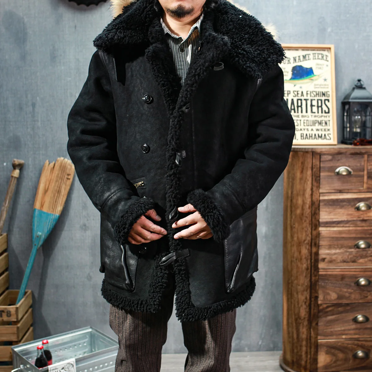 

SDF2450 European US Size High Quality Super Warm Genuine Sheep Leather B7 Shearling Bomber Fur Jacket