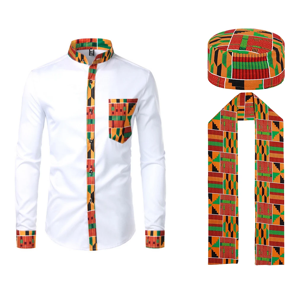 thumbnail image 1 of Conjunto de traje con patrón africano Kente con camisa abotonada, sombrero Kufi, bufanda, estola y faja para el Mes de la Historia Negra, 1 of 5