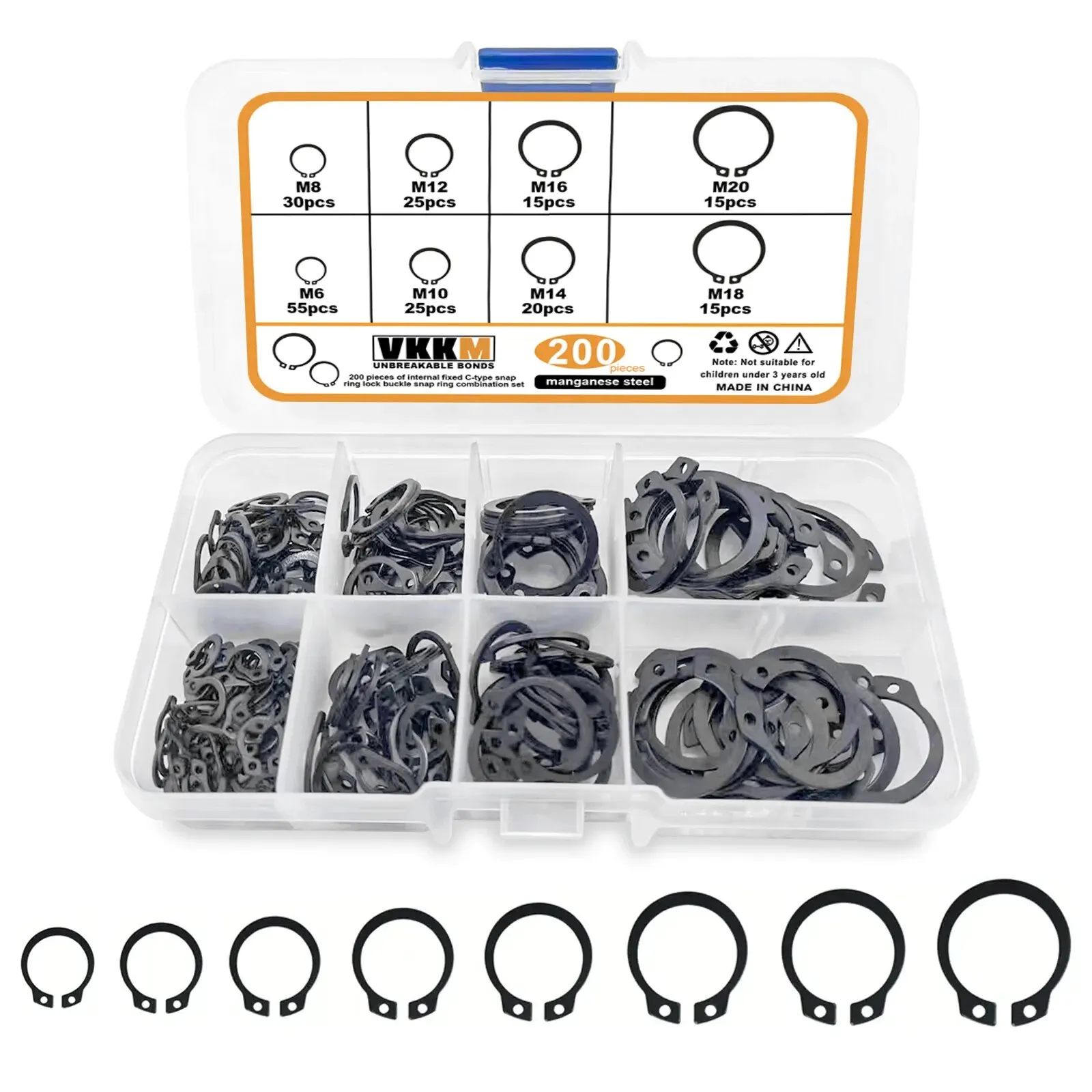 200PCs Manganese Steel External Clasp Set 8 Sizes for Mechanical Maintenance Repair