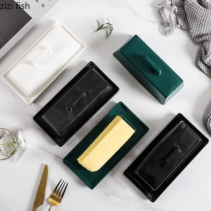 Solid Color Ceramic Butter Dish With Lid Creative Cheese Plate Butter Plate Dessert Dim Sum Household Tableware