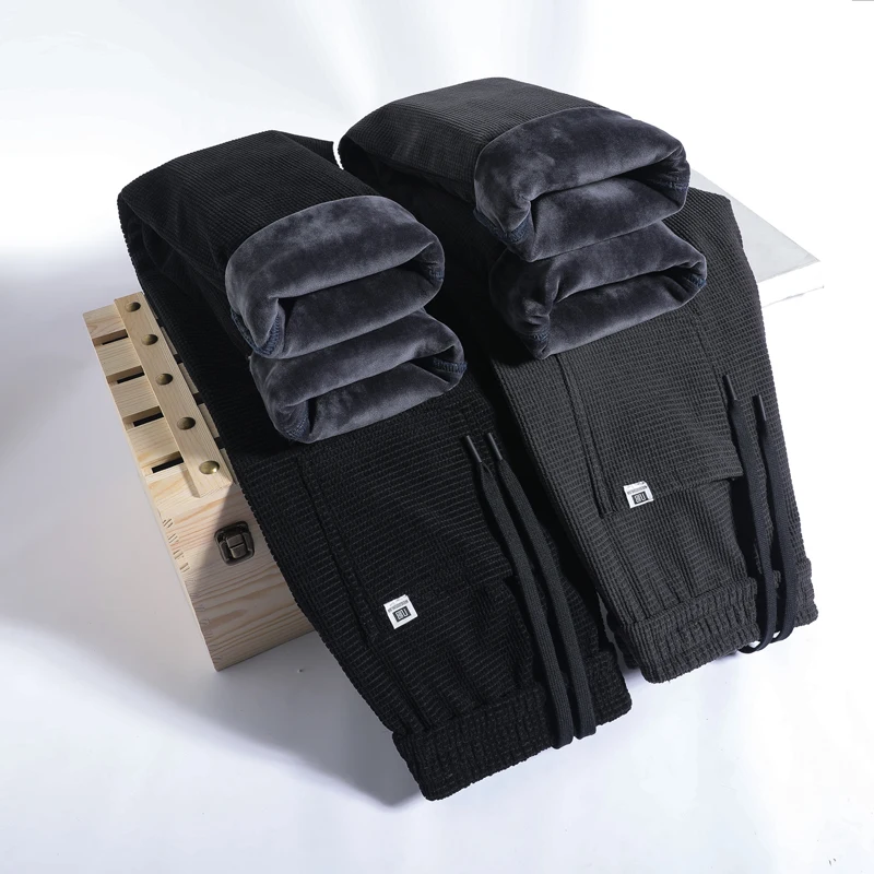 

Winter Waffle Fleece Men's Casual Trousers Thickened Warm Elastic Waist Loose Straight Drawstring Sweatpants Jogging Pants