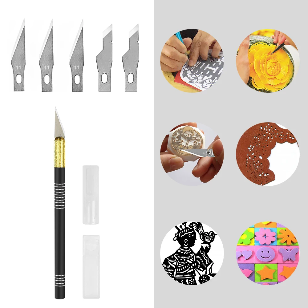 NEWACALOX 5Pcs Hobby Blades Precision Art Wood Carving Knife Set Tools With Non-slip Handle Cover For  DIY  Handicraft Carving