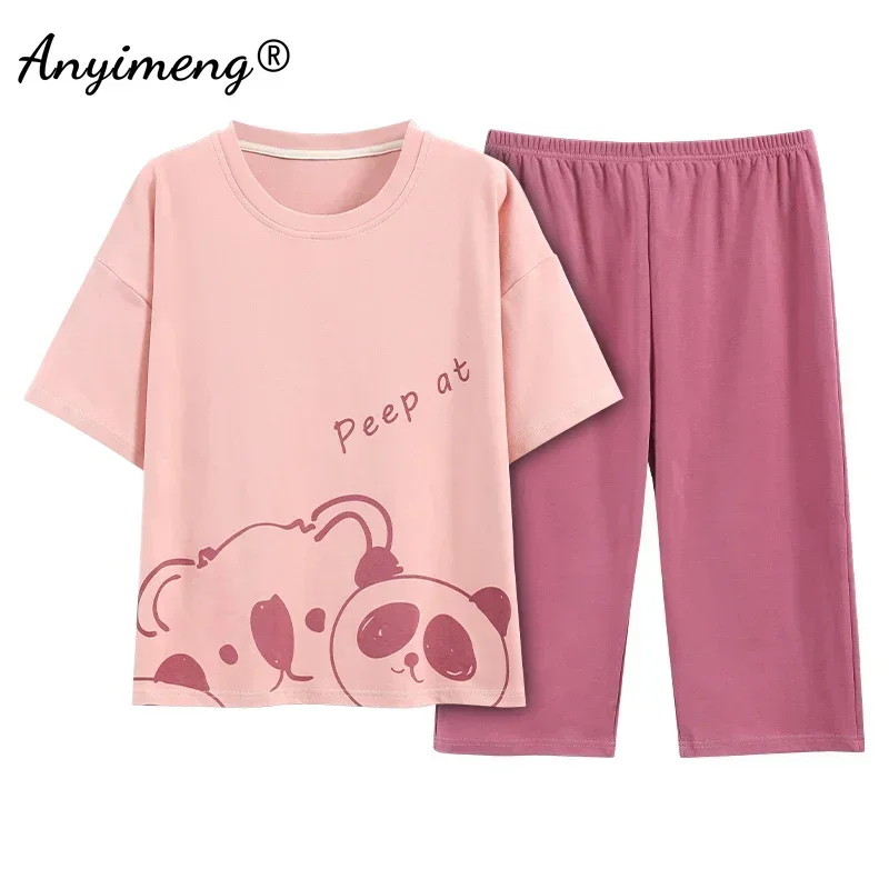 Plus Size Cute Pajama Set, Women's Plus Strawberry & Flower Print Short  Sleeve Round Neck Top & Pants Loungewear Two Piece Set